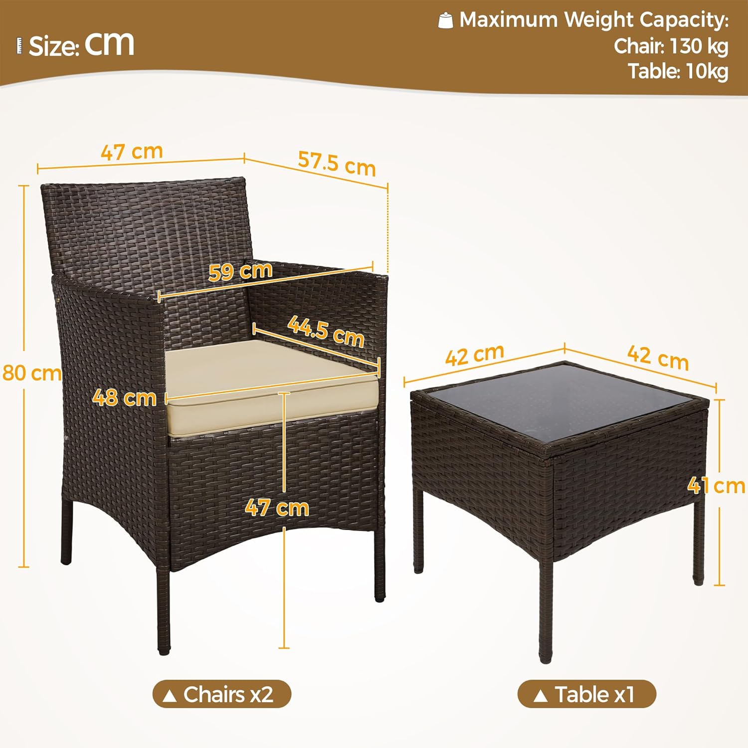 Yaheetech Balkonmöbel Set, Gartenmöbel-Set 3 TLG. inkl. 2 Stühle mit Sitzkissen & Tisch, Terrassenmöbelset Gartensitzgruppe Lounge Set aus PE-Polyrattan für Balkon Terrasse, Braun-Khaki