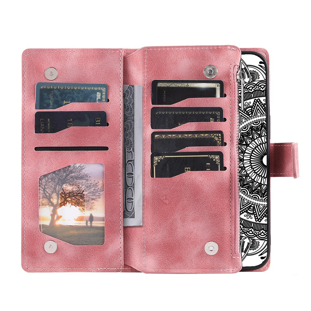 Samsung Galaxy A54 5G Leder Tasche Flip Cover mit Reissverschluss - Mandala Flowers Imprint - Rosa