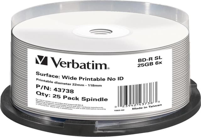 Verbatim BD-R, 6x, 25GB/200min, 25pack spindel, printbar hvid, Hard Co