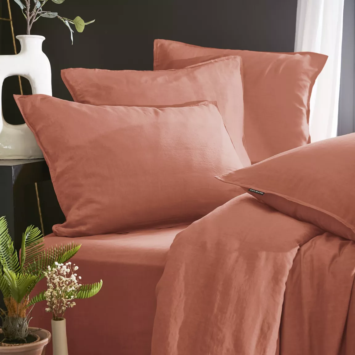 Drap housse lyocell Tencel™ lavé (140 x 200 cm) Olivia Terracotta