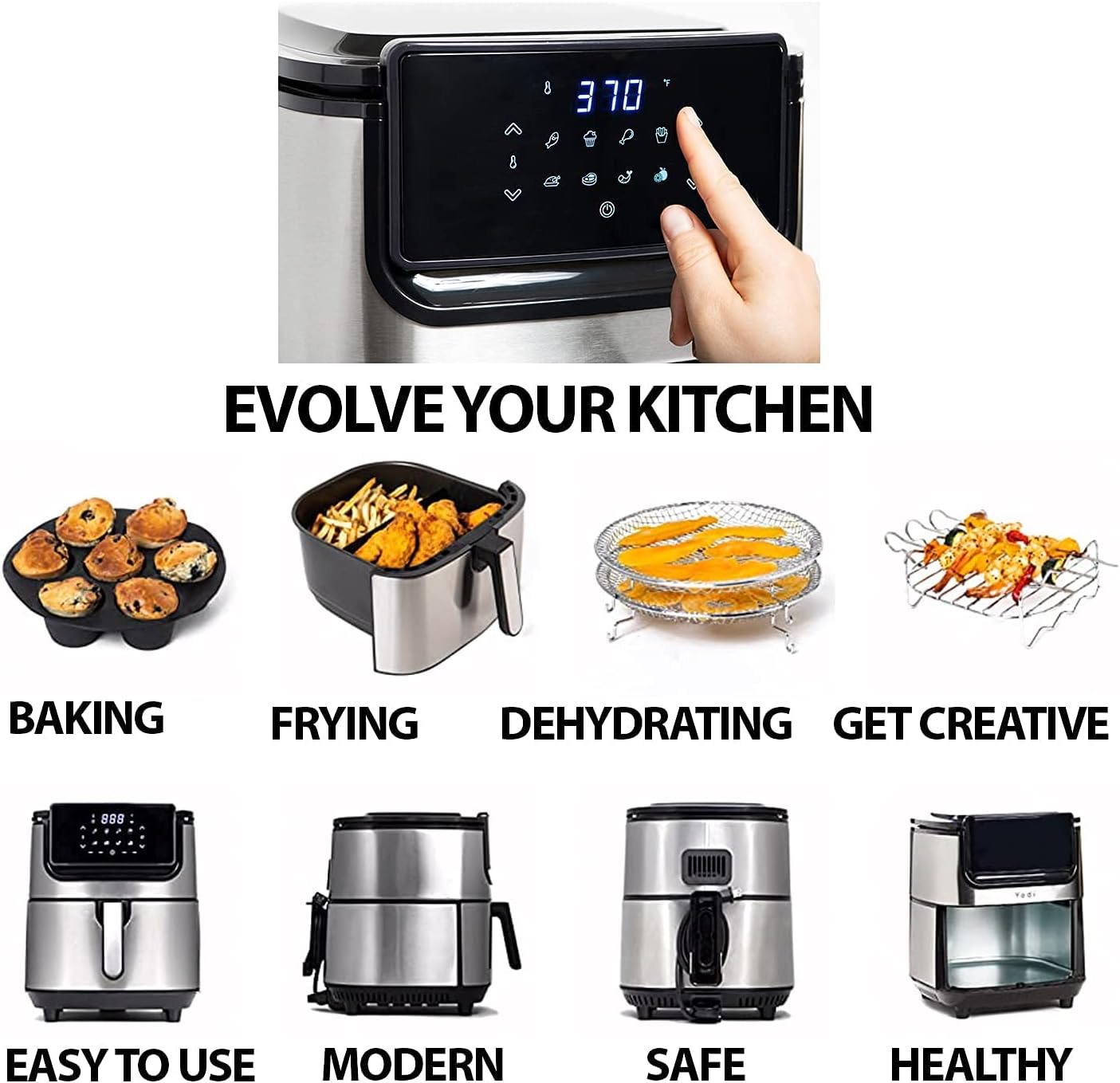 Yedi Evolution Friteuse à air en acier inoxydable, avec panier de cuisson en céramique, kit d'accessoires de luxe et livre de recettes (français non garanti), 6,4 L