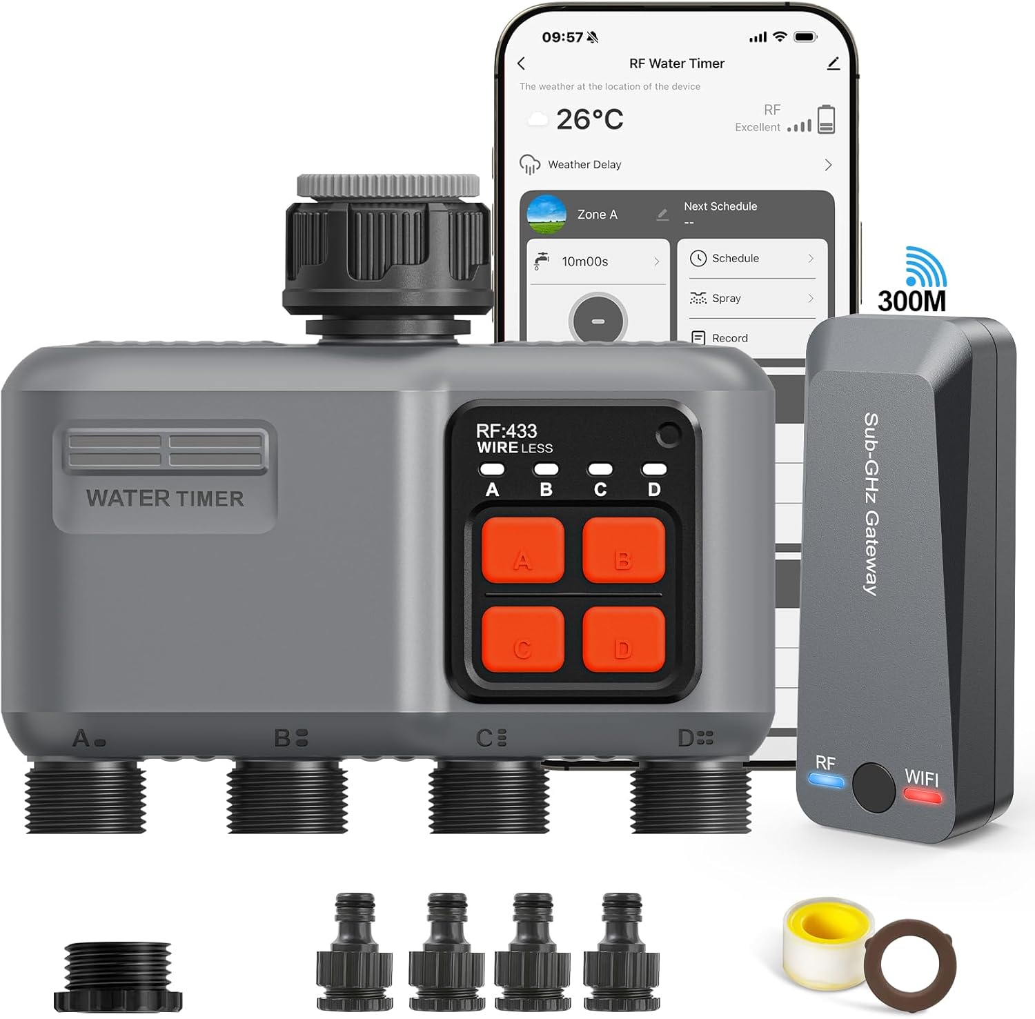 Bewässerungscomputer WLAN 4 Ausgänge mit 300M RF-Technologie, Bewässerungsuhr für Gartenbewässerung Kompatibel mit Alexa & Smart Life App, Automatischem Bewässerungssystem für Garten Rasen