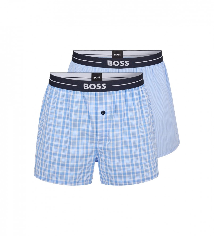 Conjunto de 2 shorts de pijama BOSS com logo, cós azul e listras azuis.