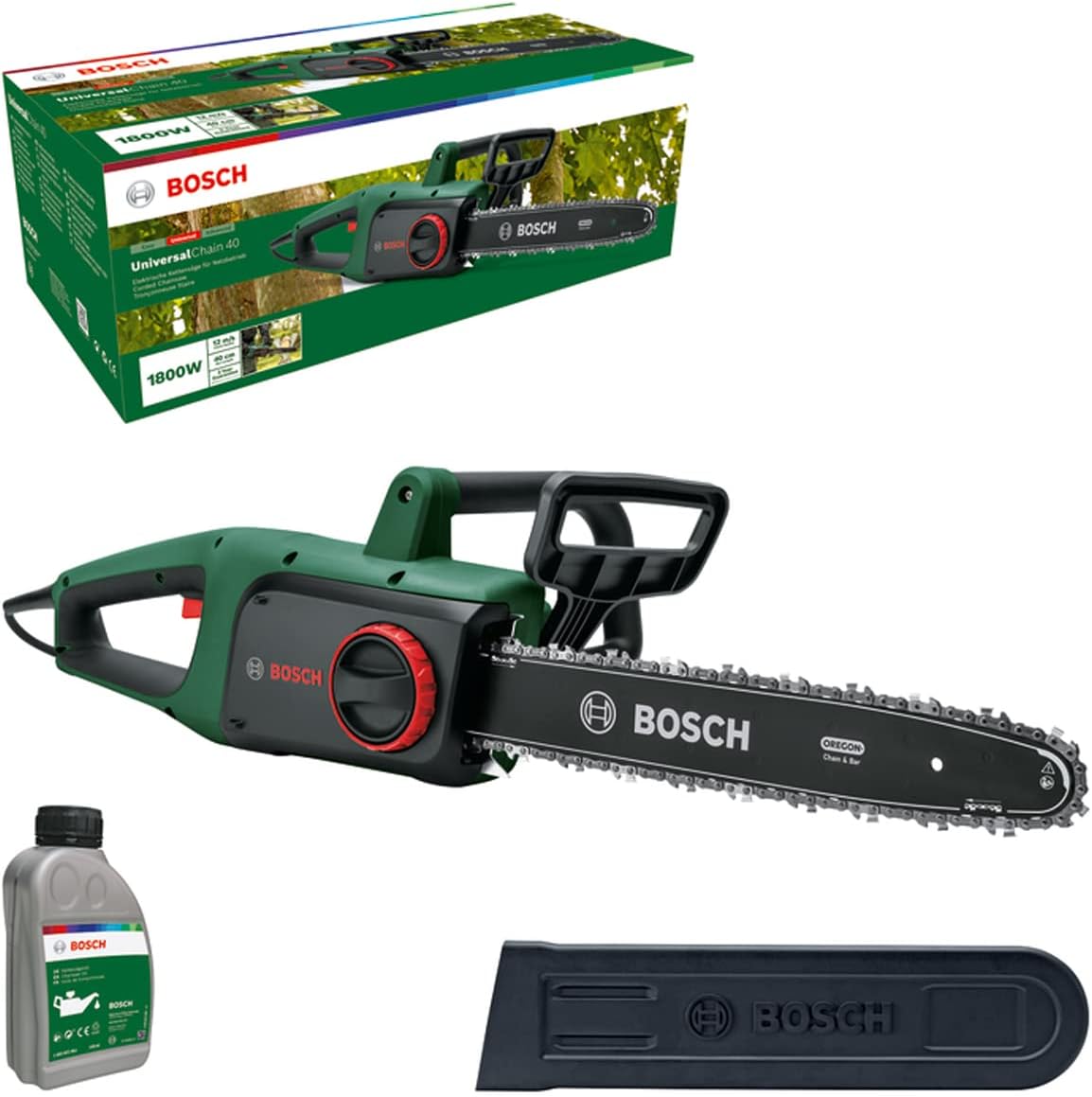 Bosch Kettensäge UniversalChain 40 (1800 W, Gewicht: 4,3 kg, Kettengeschwindigkeit: 12 m/s, mit Kettensägenöl inklusive, im Karton) – Amazon Edition
