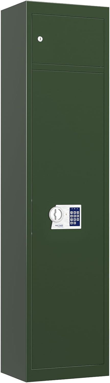 Rottner Munitionsschrank Max Elektronikschloss Grün, BxH 37 x 150 cm, Stahl, Elektronikschloss mechanischer Notöffnung, für 5 Langwaffen, Innentresor, Putzstockhalterung, inkl. Befestigungsmaterial