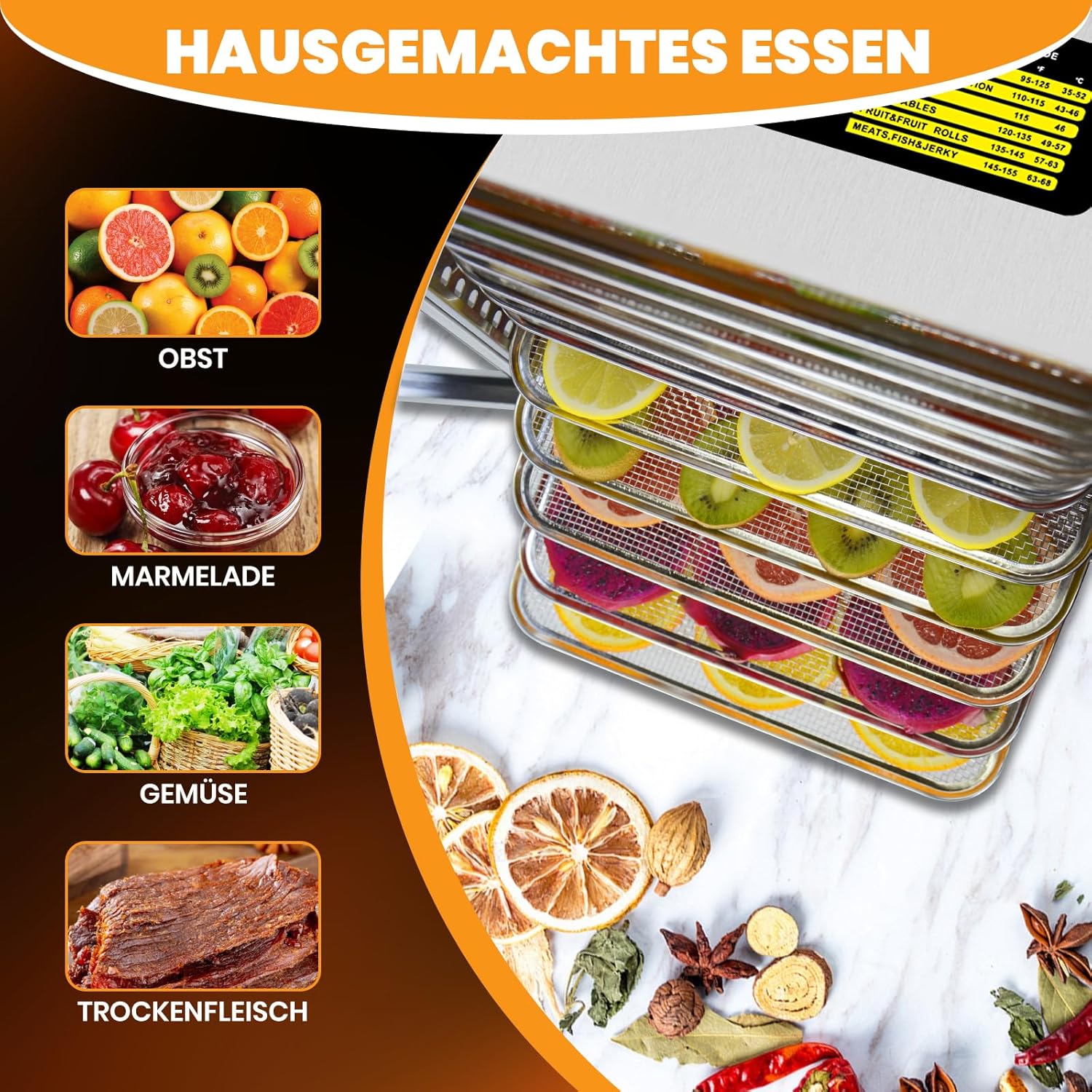 Dörrautomat Edelstahl 12 Etagen, 1.1㎡ Dörrfläche, 30-90℃ Obsttrockner Dörrautomat Groß, 800W Lebensmittel Dörrgerät Für Kräuter Fleisch Dörrautomaten, & 316 Tabletts(29X29 cm)