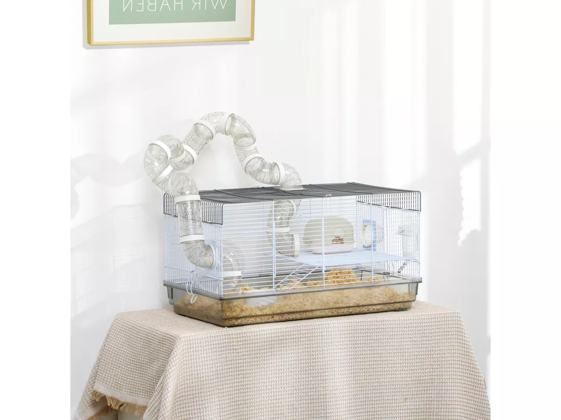 Cage rongeur hamster - tunnel, poignée, accessoires - plastique acier gris blanc