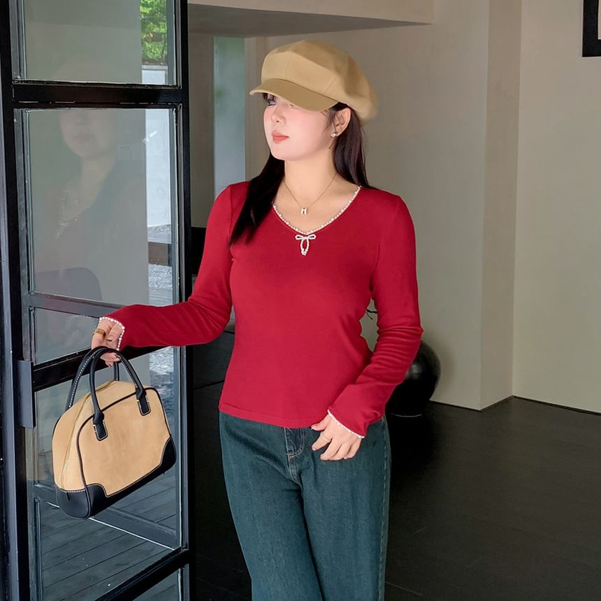 Tripoly - Plus Size Lange Mouw V-hals Faux Parel Strik Slim Fit Gebreide Top