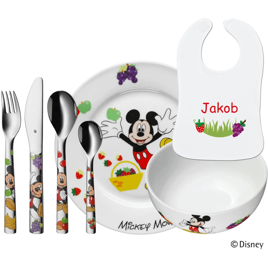 Schnullireich Geschenkset mit Namen Mickey Mouse: WMF Kinderbesteck + TellerSchale+ Lätzchen Silber