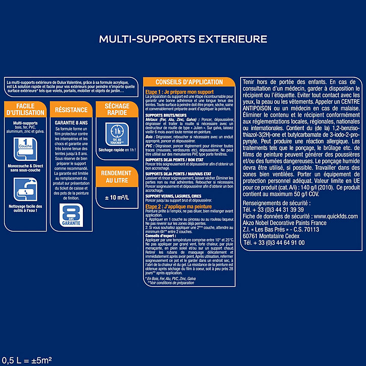 Peinture extérieure multi supports e garantie 8 ans Dulux Valentine satin gris franc 0,5L