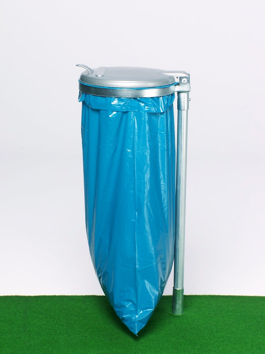PROREGAL Robuuste enkele afvalbak met kunststof deksel en stang, 35 cm opening, afmetingen (H x B x D): 98 x 50 x 45 cm, gegalvaniseerd staal, zilver