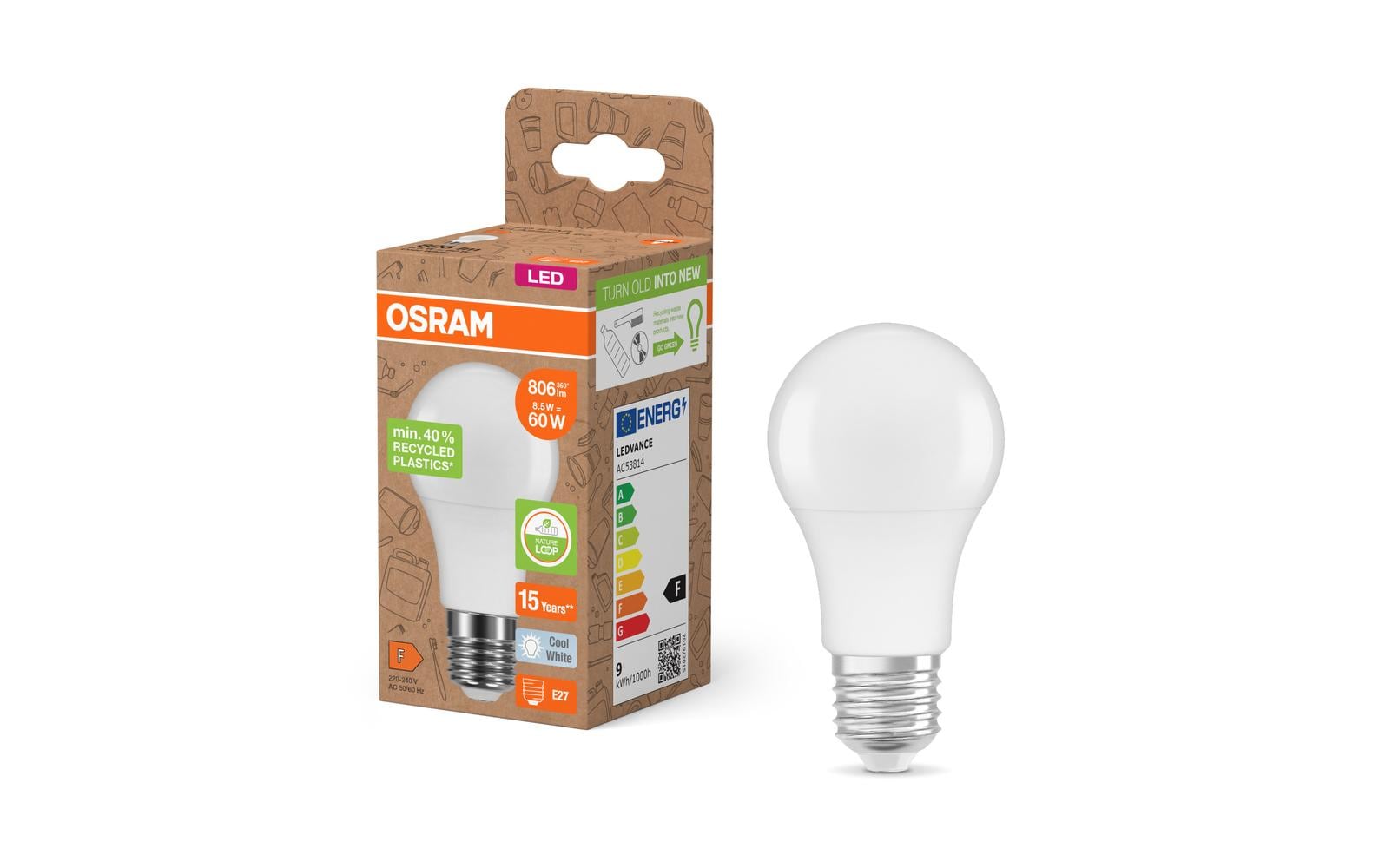 LED PCR LAMPS WITH CLASSIC A 8.5W, E27, NeutralweissLED Lampen, klassische A Kolbenform aus recyceltem Plastik