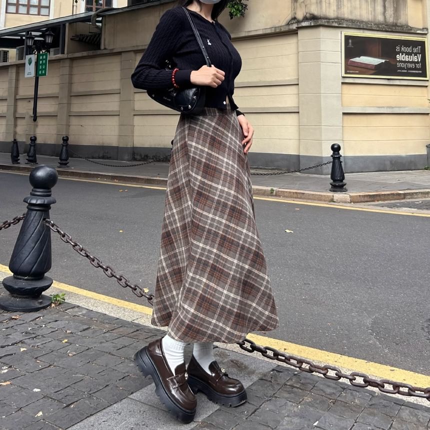 Soufu - Hoge taille geruite maxi A-lijn rok