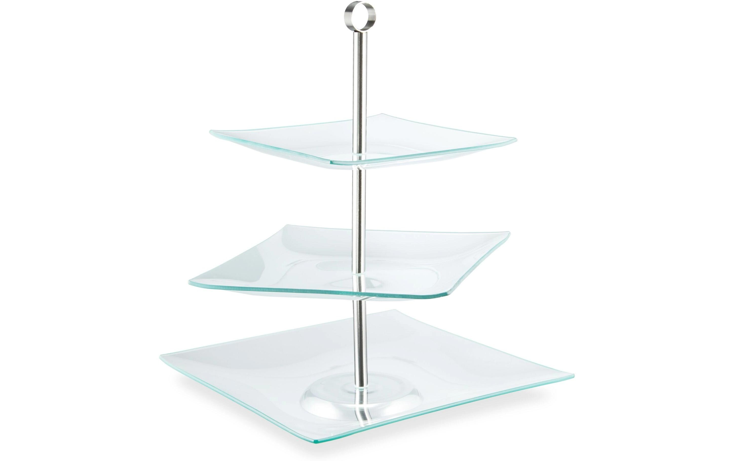 Etagere eckig, 3-stufig, Silber/TransparentServierständer aus Glas und Edelstahl