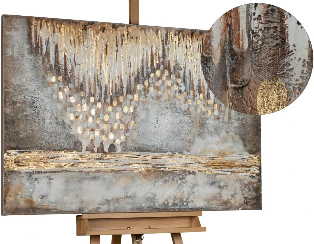 KunstLoft Leinwandbild | 100% HANDGEMALT | 120x80cm | Gemälde 'Tropfsteinhöhle' | Abstrakt | Beige Braun | Wandbild Wohnzimmer