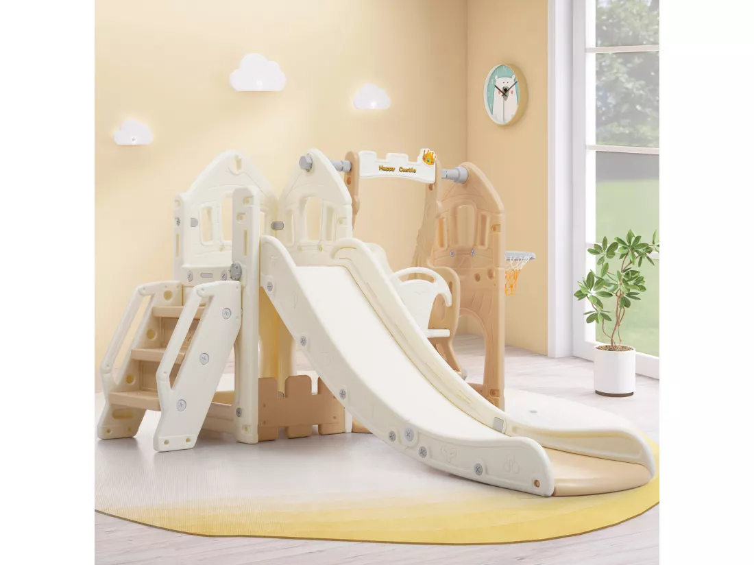 Toboggan en PP 5 en 1 pour enfant 3-8ans, balançoire, toboggan, escalade, espace de rangement, cadre de basket-ball, rose antique