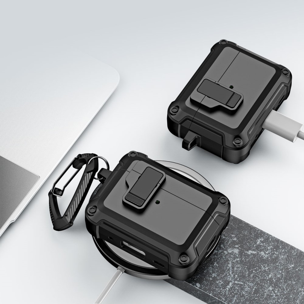 AirPods Pro 2 / AirPods Pro Hybrid Hardcase Schutzhülle mit Verschluss   Karabinerhaken - Schwarz / Grau