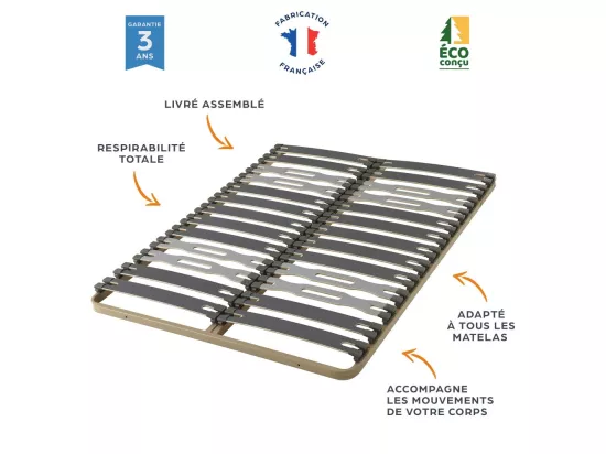 Sommier à lattes + pieds 140x200 Zeta - 26 lattes bois - Fabrication française