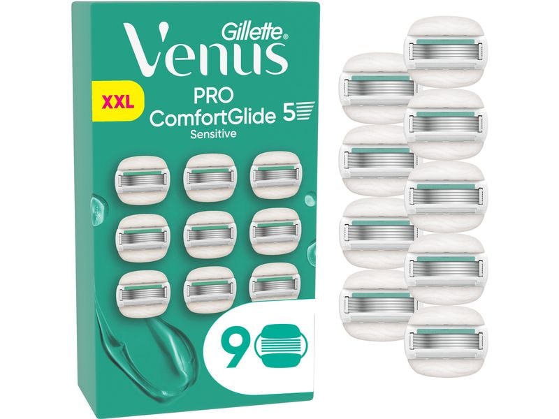 Gillette Venus Rasierklingen Pro ComfortGlide Sensitive 9 S Ersatzklingen für Damen mit langlebigem Metallhandstück und Duschhalterung
