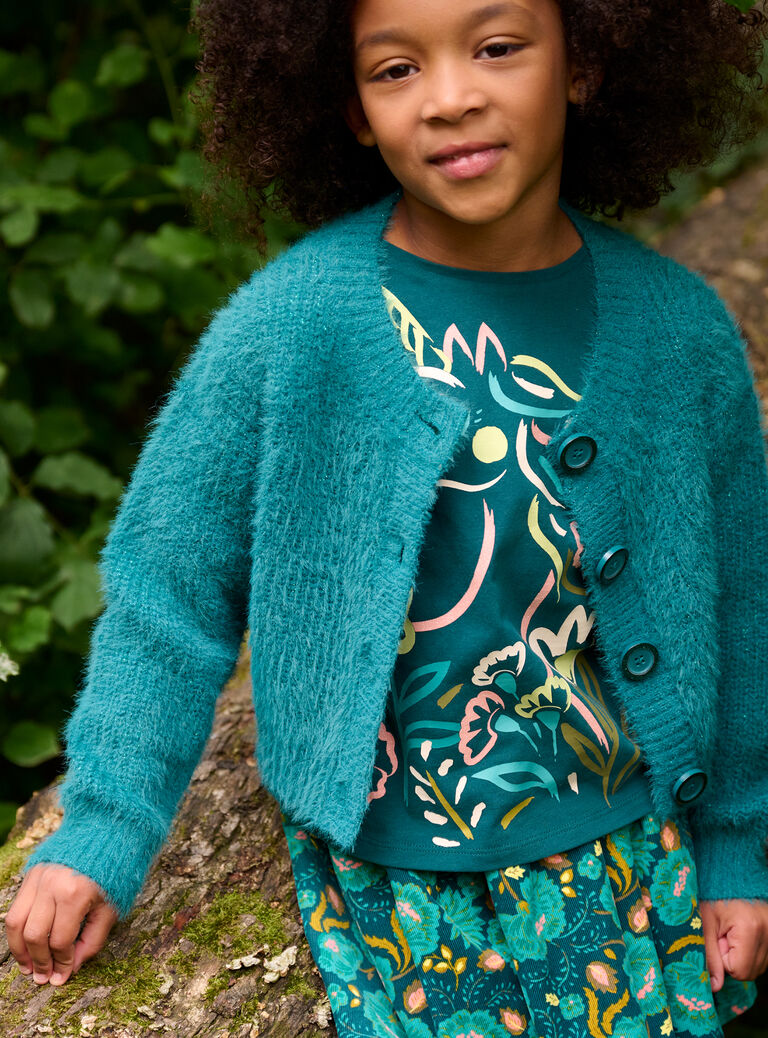 Cardigan bleu canard en maille plume pour fille