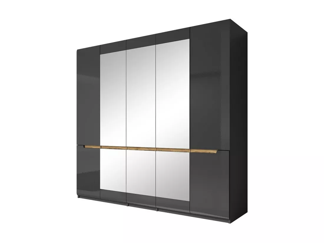 Chambre à coucher LUCIA : Armoire 5 portes + Lit 160x200 + 2 Chevets. Couleur gris et chêne