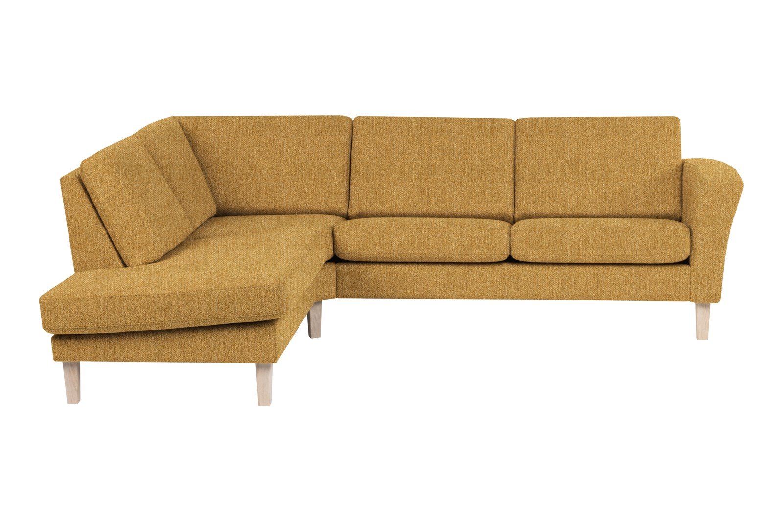 Slogen hjørnesofa Oppsett AV. 2,5-seter med åpen ende venstre. Tekstil Viva Golden med standard ryggpute. Vange A og hvitpigmentert ben 178.
