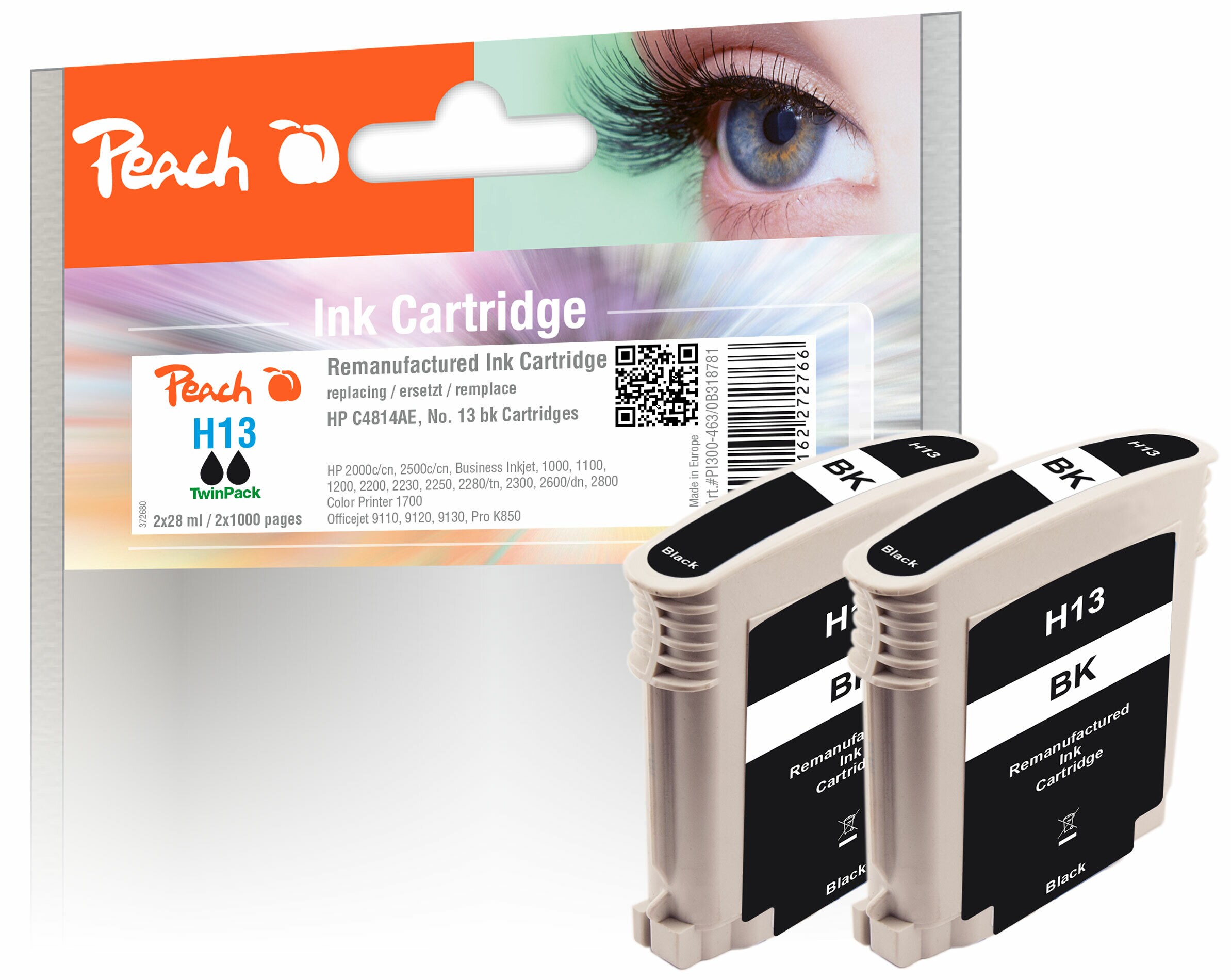 Peach HP 13 bk 2 Druckerpatronen 2*bk ersetzt HP No. 13 bk*2, C4814AE*2 für z.B. HP Business InkJet 1000, HP OfficeJet Pro K 850 (wiederaufbereitet)