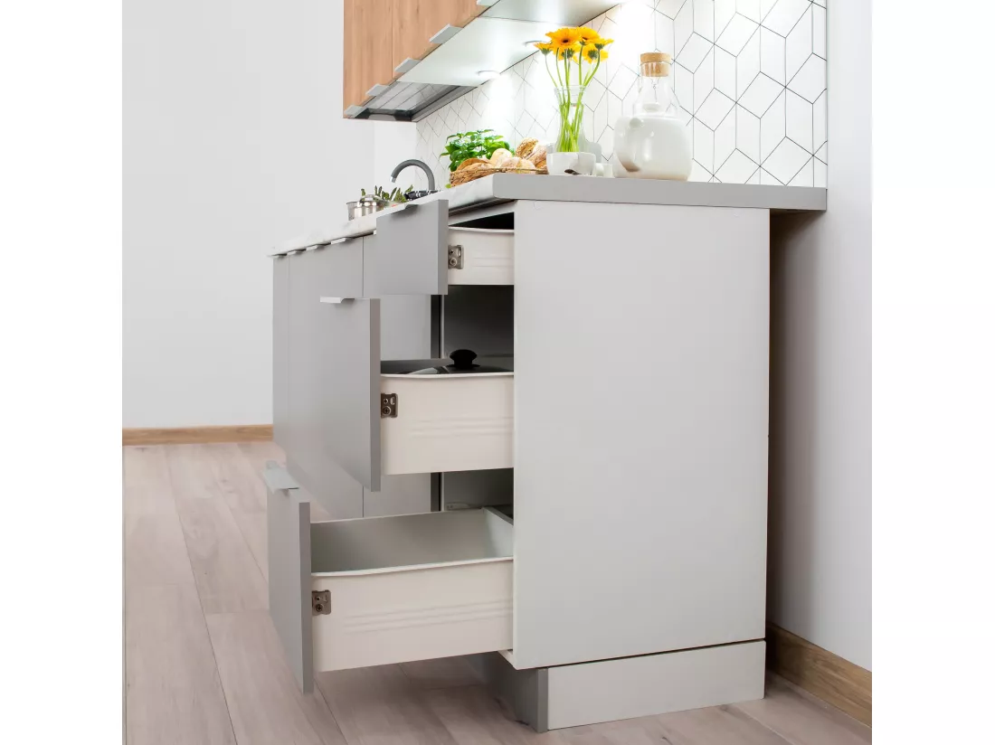 Cuisine complète Ela 8 éléments couleur chêne/gris clair - Longueur 260 cm