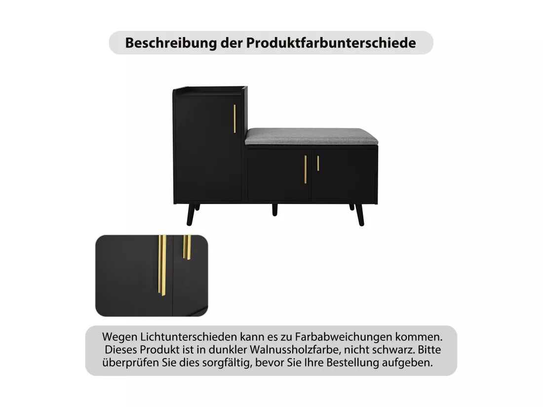 Banc à chaussures moderne avec 3 portes et coussin - pièds et poignées en métal - coloris noir - 100 x 34 x 69 cm