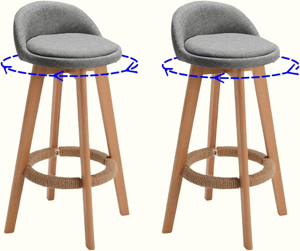 Drehbare Barhocker 2er-Set Barstuhl mit Lehne stylischer Tresenhocker Gepolsterte Sitzfläche,Küchenstuhl, Grauer Stoffbezug, Holzbeine (73cm)