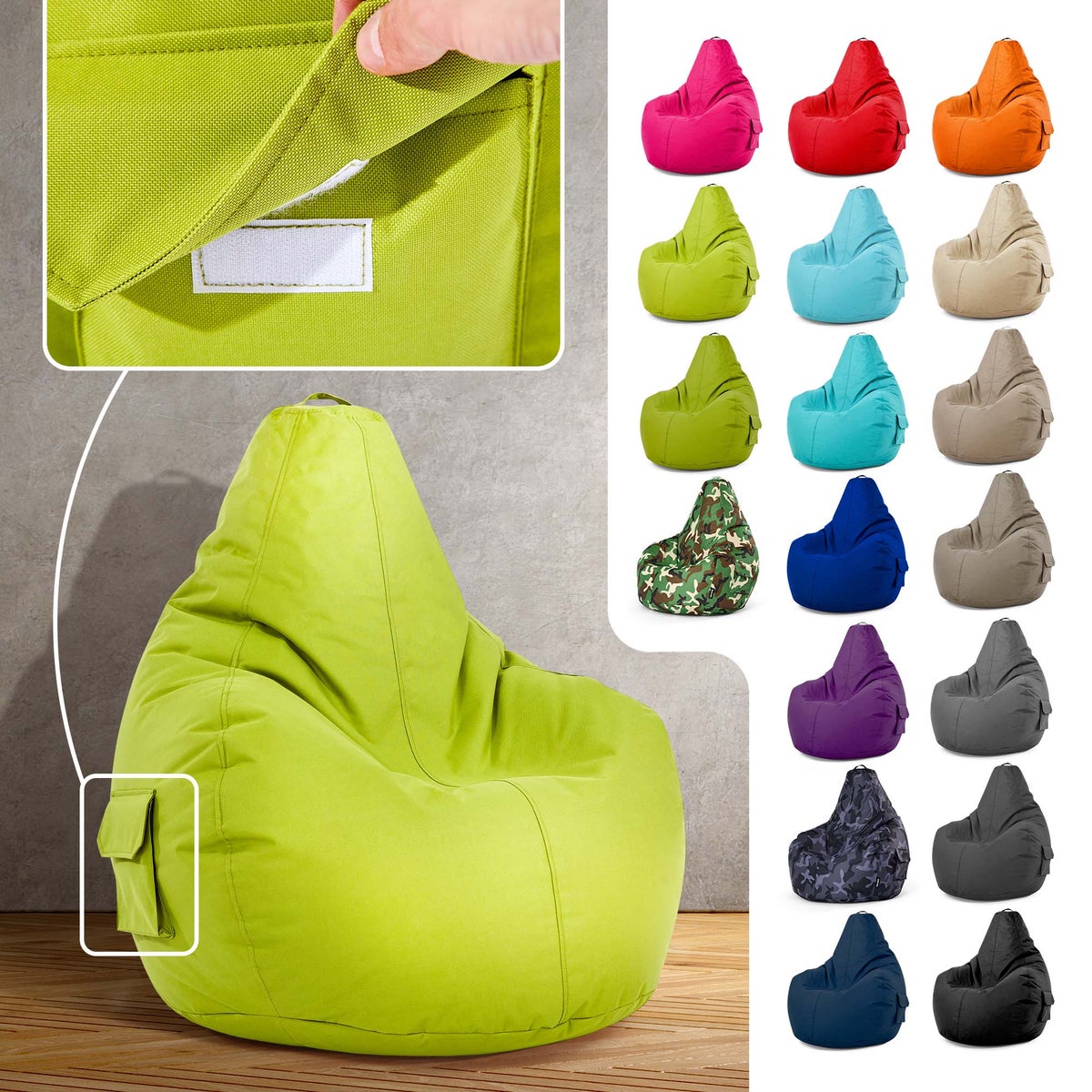Green Bean Zitzak met rugleuning 80x70x90cm - Gaming stoel met 230L vulling, comfortabel, zacht, wasbaar - Zitzak vloerkussen, loungestoel, voetenbank, relaxstoel, gamerstoel, lichtgroen