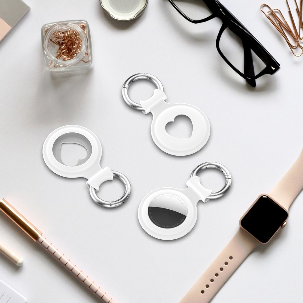 Apple AirTag Anhänger Silikon Case Hülle Herzausschnitt Schlüsselanhänger mit Schlüsselring - Weiss