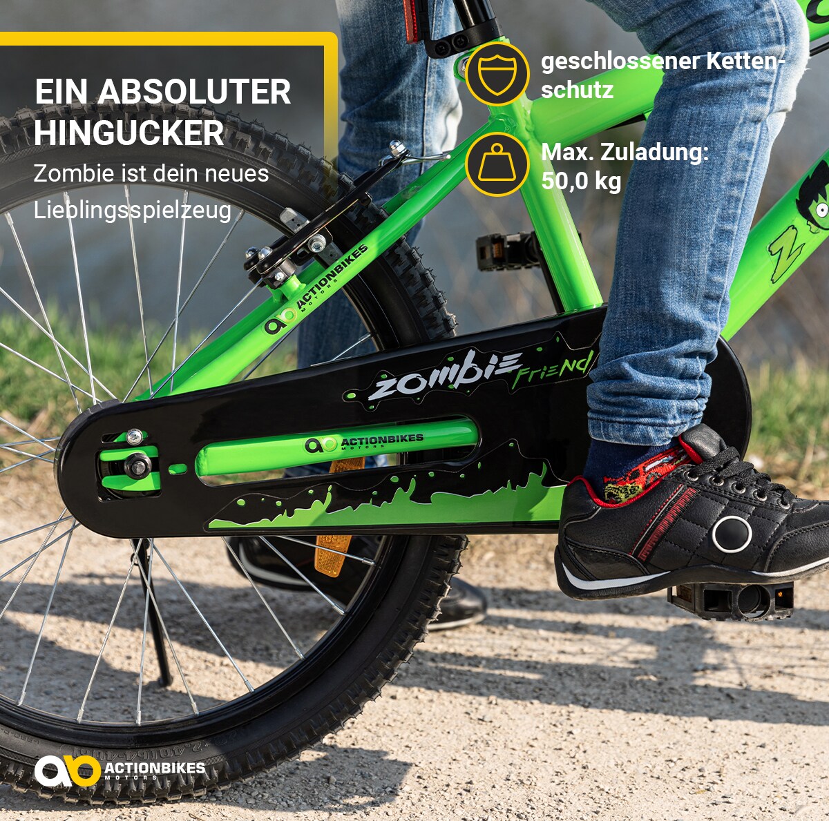 Actionbikes Kinderfahrrad Zombie 20 Zoll, V-Brake-Bremsen, Seitenständer, Reflektoren, Kettenschutz