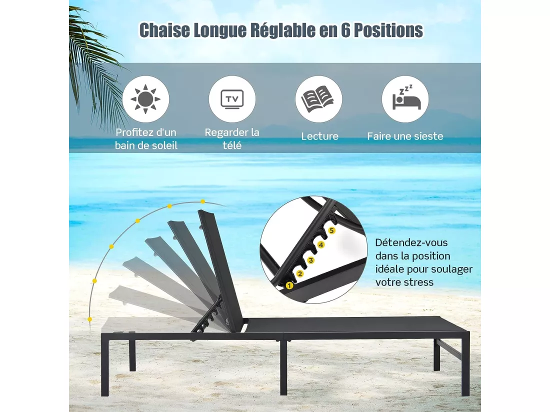 Transat Inclinable/Chaise Longue de Jardin-Dossier Réglable à 5 Positions en Acier&Tissu pour Piscine, Plage, Terrasse, 198x63,5x35cm, Charge 150 kg, Noir