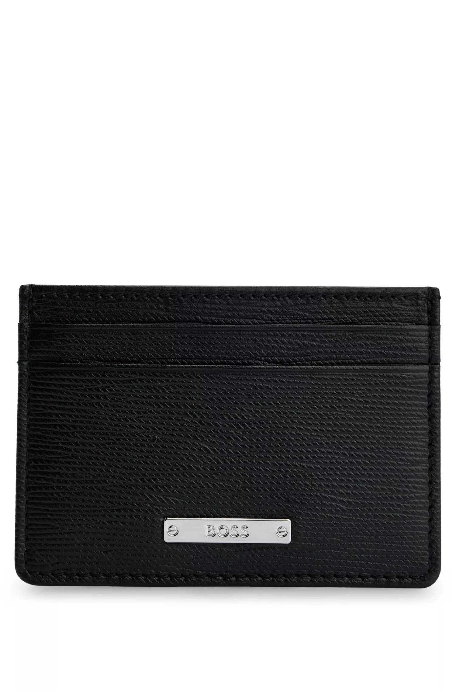 Porta-cartões BOSS em couro preto texturizado com placa com o logotipo.