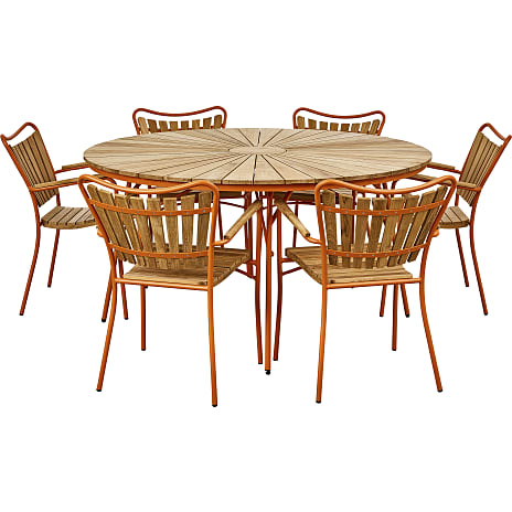 Kerteminde Ø150 teak havemøbelsæt med 6 stole - teak/ orange stel