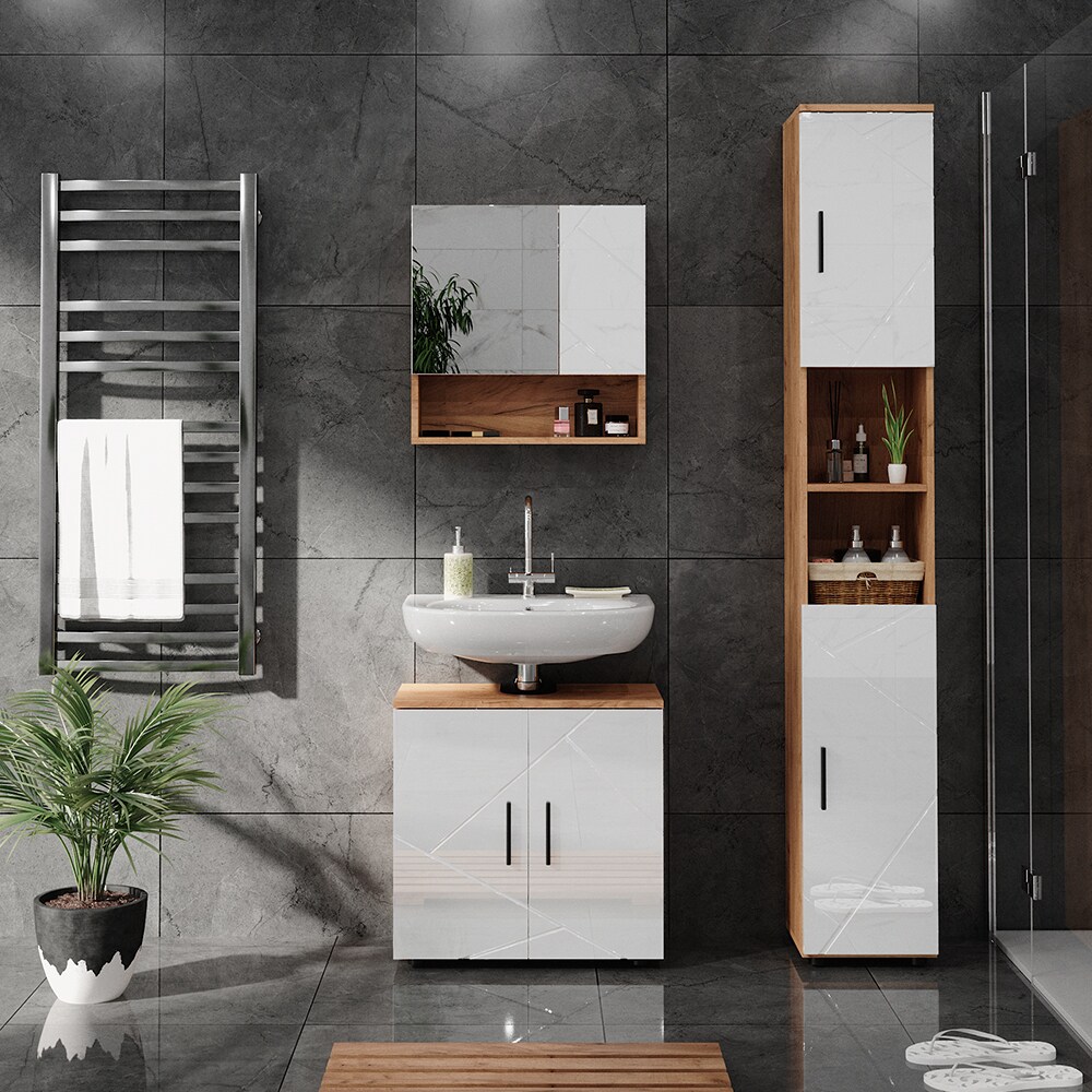 Vicco Badmöbelset Irma Eiche Weiß Hochglanz modern Badezimmerschrank Badschrank Badezimmermöbel Waschtischunterschrank Spiegelschrank Hochschrank Schranktür Schrankfach