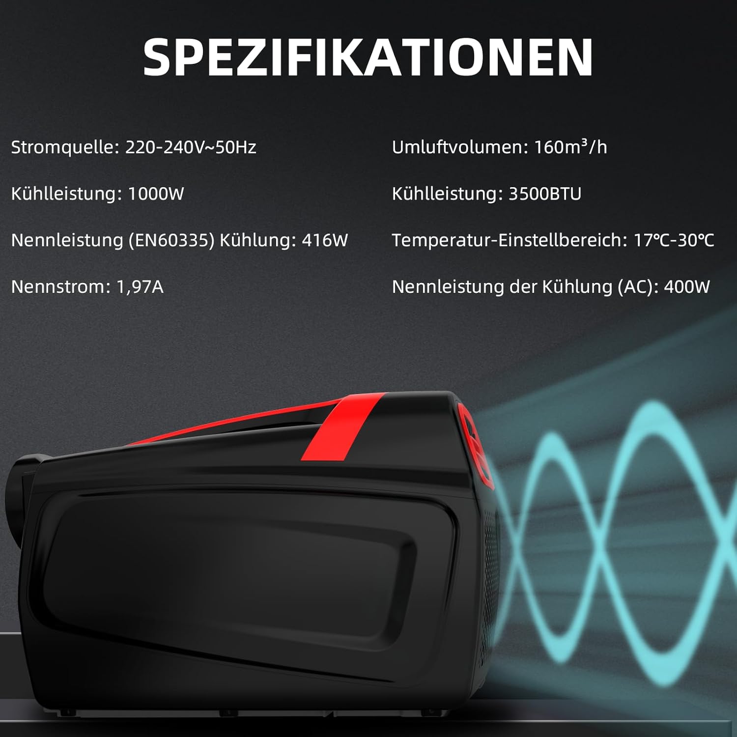 Mobile Klimaanlage mit 3500BTU, Schnelle Kühlung 3 in 1 Luftkühler mit Abluftschlauch - Kühlung, Ventilator, Luftentfeuchter - Tragbar Klimagerät für Camping/Wohnmobile im Freien Wohnwagen