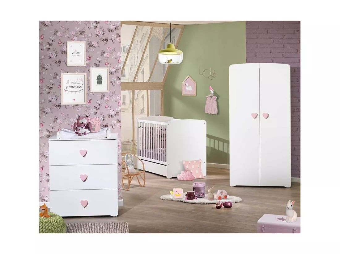 Chambre complète bébé avec lit 120x60cm, commode à langer et armoire 2 portes