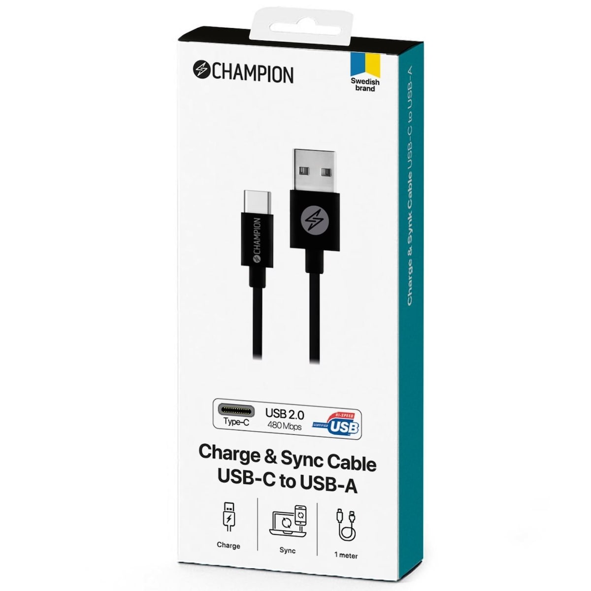 Champion USB-A til USB-C-kabel 1m Sort