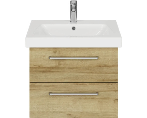 Pelipal Sunline 105 badkamermeubelset (B x H x D 66 x 200 x 46,5 cm), frontkleur: Riviera Oak, met keramische wastafel, badmeubel en spiegelkast met LED-verlichting