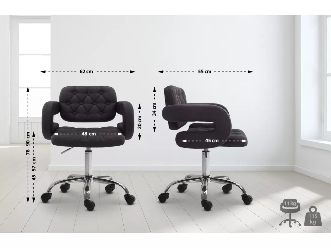 Chaise de bureau - Tissu & Métal chromé - Noir - Dublin