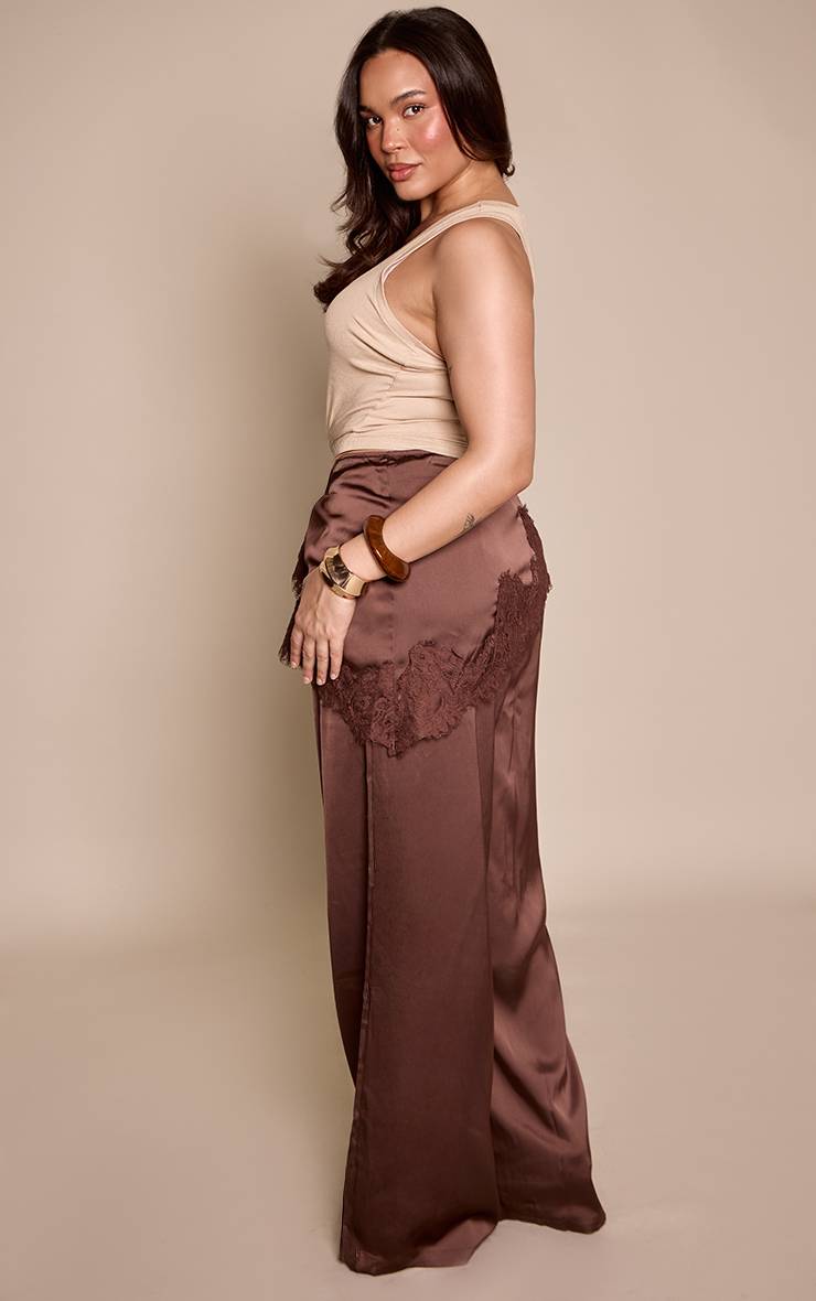 Chocolat Pantalon Large En Satin Avec Foulard Grande Taille