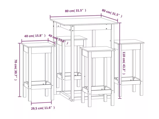 Ensemble de bar 5 pcs Bois de pin massif