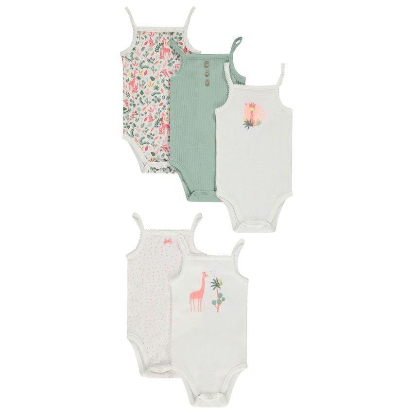 Lot de 5 bodies débardeurs fantaisie girafe pour bébé fille - Ecru