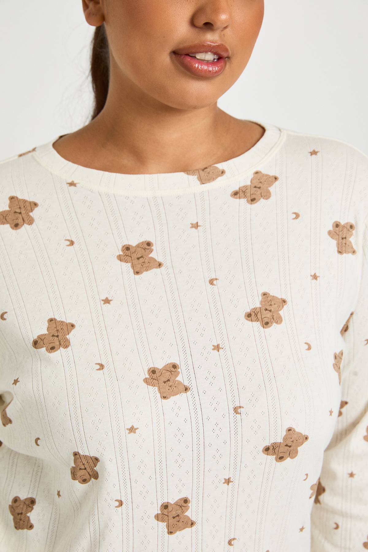 boohoo Ensemble Pyjama Grande Taille Haut Manches Longues Et Pantalon Motif Ours En Pointelle