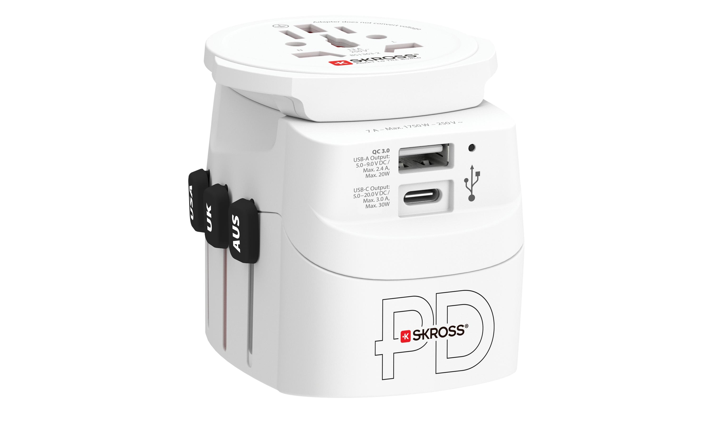 Reiseadapter Pro Light, 1 x USB-A und C AC30PD3-polige Weltreiseadapter mit integriertem PD-USB-Ladegerät