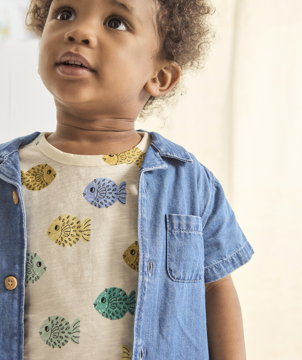 chemise manches courtes bébé garçon en denim bleu léger