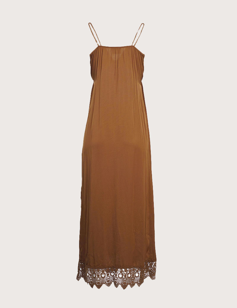 DIXIE ROBE LONGUE FINES BRETELLES VISCOSE SATINÉE DENTELLE COGNAC