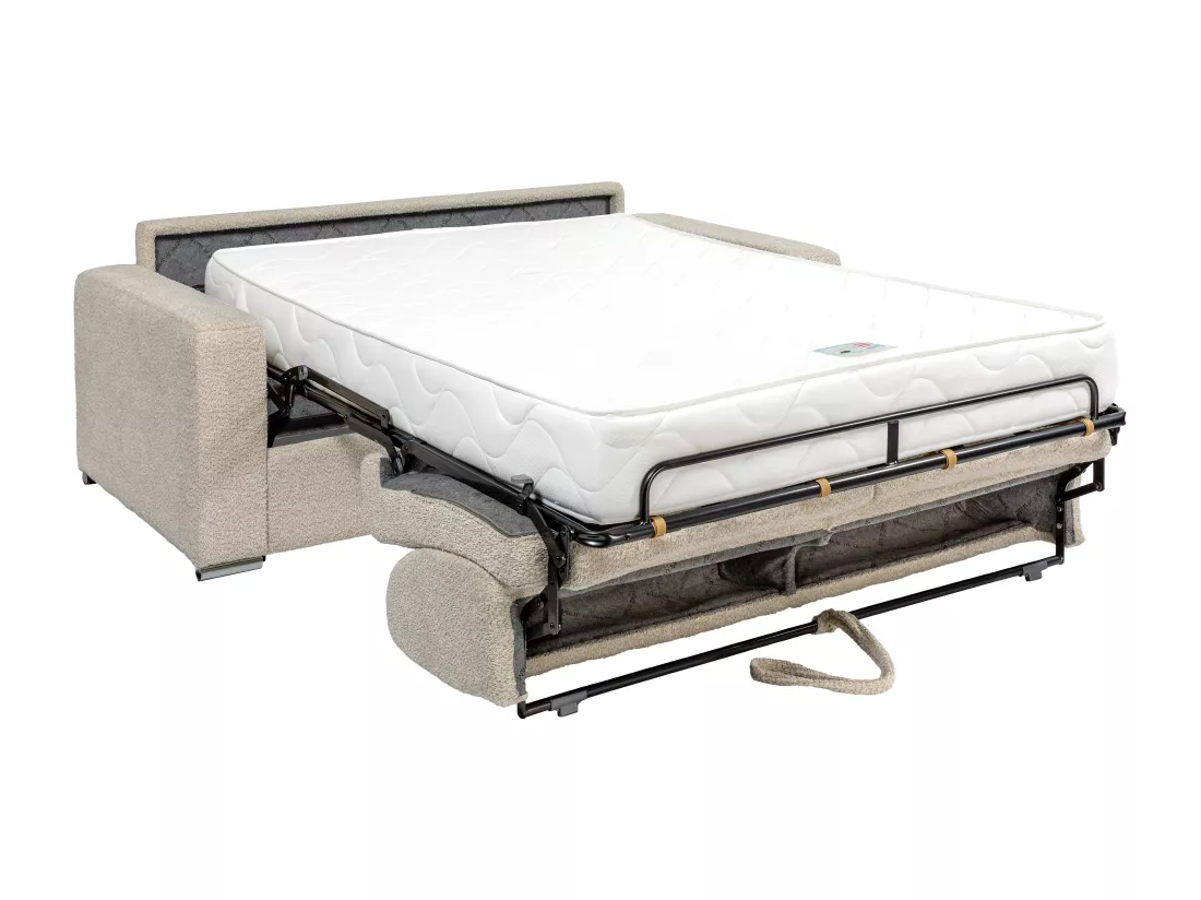 Canapé 3 places convertible express en tissu bouclette beige - Couchage lattes larges 140 cm - Matelas 22 cm CALITO